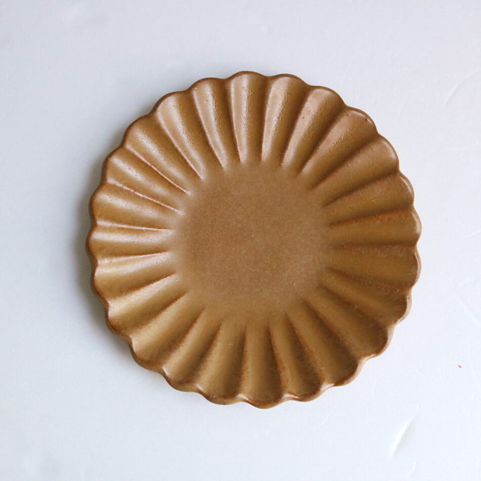 高取焼 高取焼き トルコ青打ち込み輪花皿 小 小皿 取り皿 16cm ろくろ庵 陶器 食器 器 選べるカラー5色 ブロンズ クリーム グリーン 黄金色