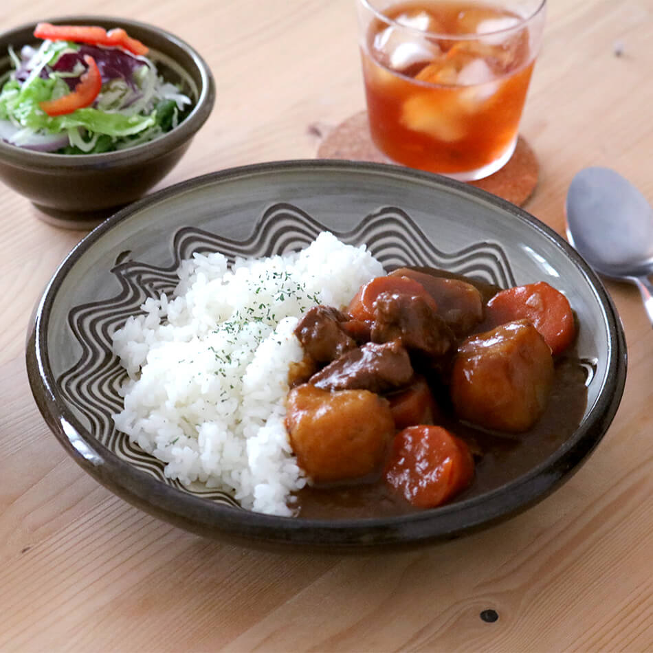 小石原焼 小石原焼き 櫛目 カレー皿 藁白 ふらし マルダイ窯 陶器 皿